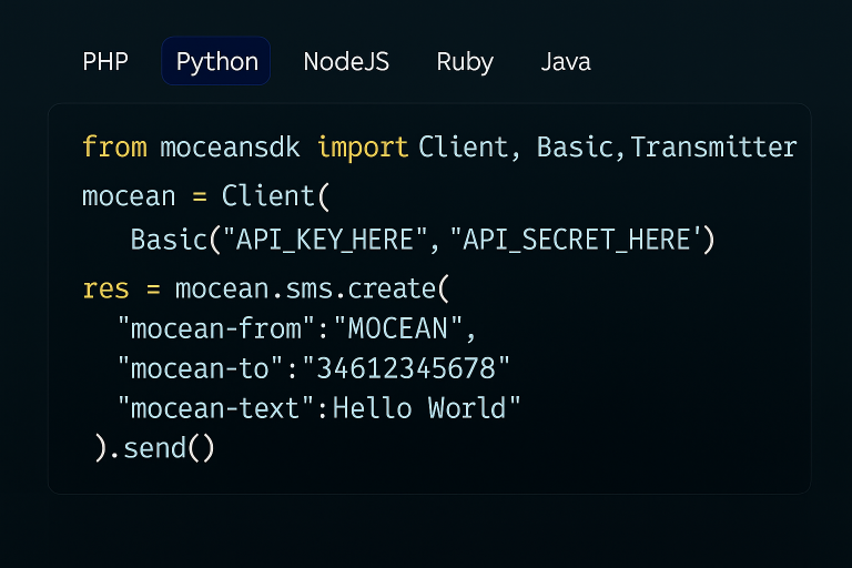 Python code example utilizing Mocean's SMS API for sending instant messages.
