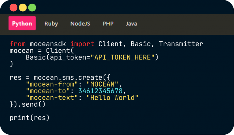 Python code example utilizing Mocean's SMS API for sending instant messages.